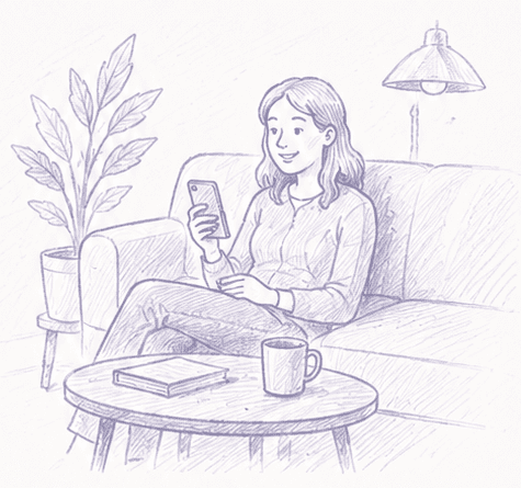A sketch of a woman relaxing on a couch, planning a hangout on her phone