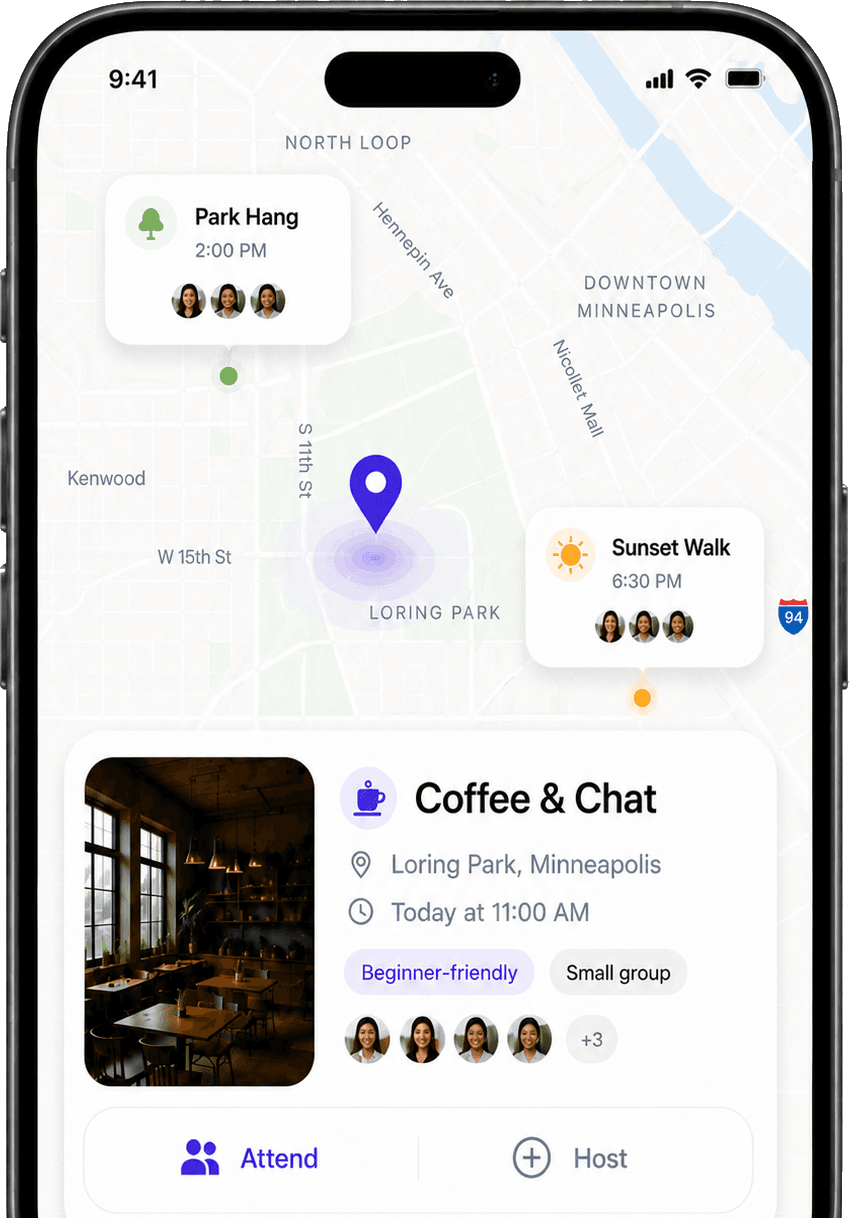 The SMS app showing a map of Minneapolis with nearby hangouts: Park Hang at 2:00 PM, Sunset Walk at 6:30 PM, and a Coffee & Chat event card