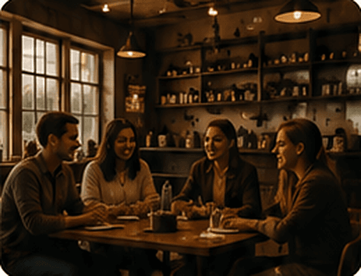 Four people talking around a table in a cozy coffee shop