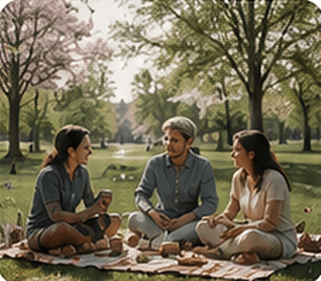 A small group having a picnic on blankets in a leafy park