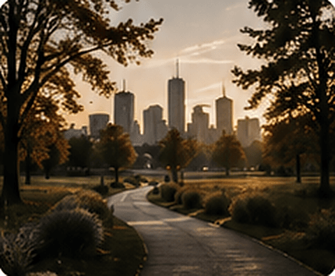 A tree-lined park path at sunset with the Minneapolis skyline